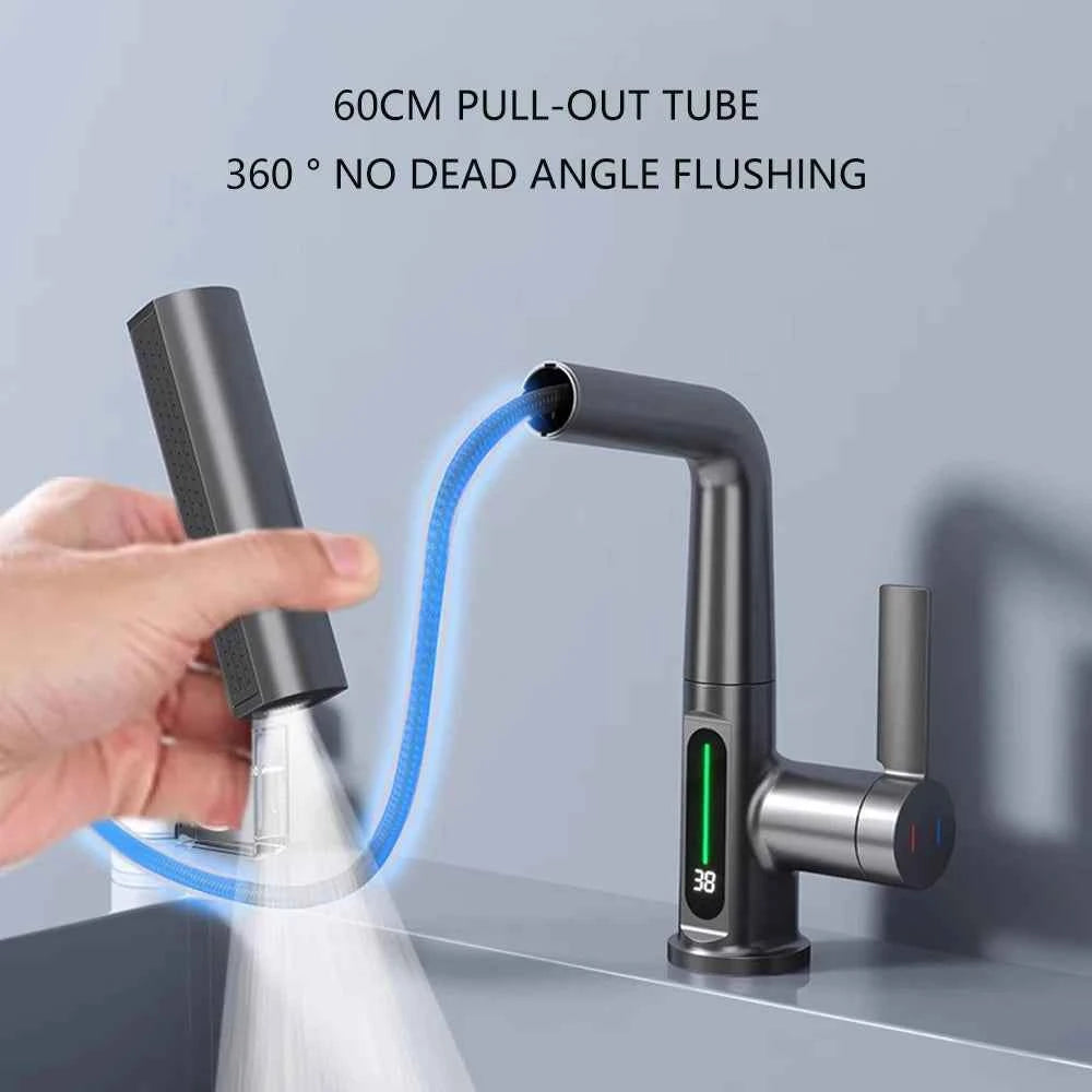 Gun Grey Intelligent Digital Display Waterfall Pull-Out Kitchen Faucet with Hot & Cold Mixer, Rotatable & Lifting Sink Faucet