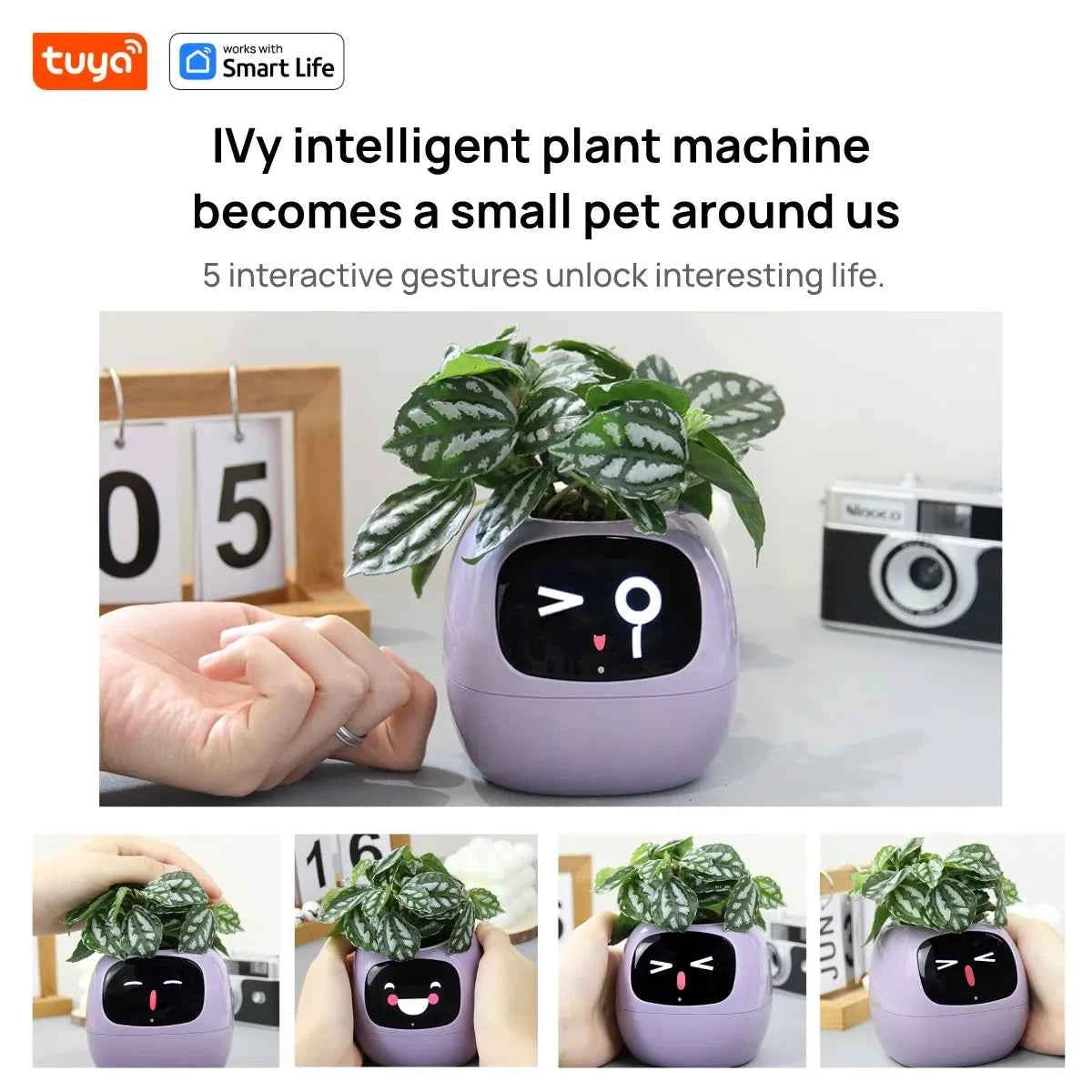 Tuya Ivy Smart Planter with 49+ Expressions, 7 Smart Sensors, and AI Chips for Easy Plant Care