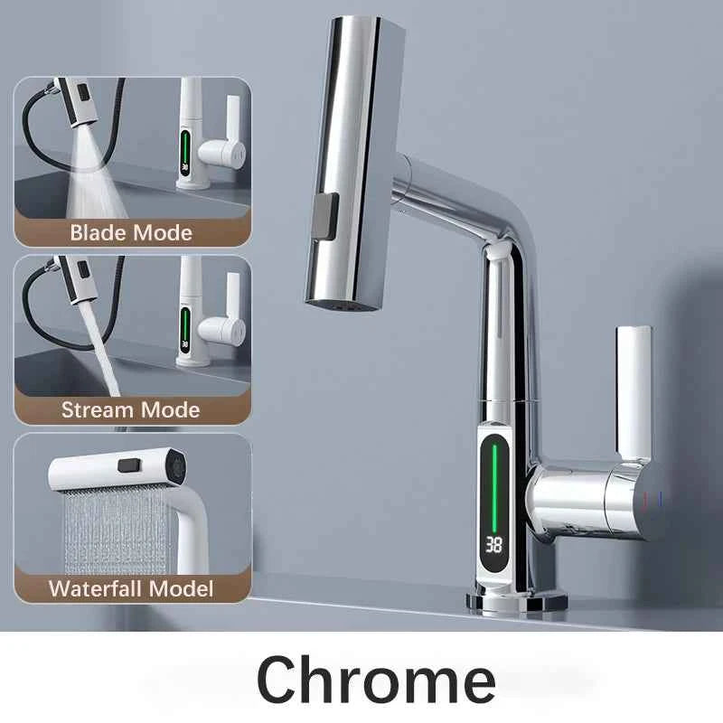 Gun Grey Intelligent Digital Display Waterfall Pull-Out Kitchen Faucet with Hot & Cold Mixer, Rotatable & Lifting Sink Faucet