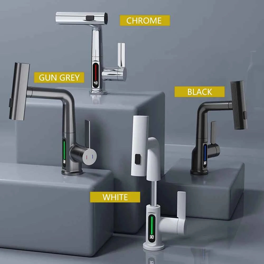 Gun Grey Intelligent Digital Display Waterfall Pull-Out Kitchen Faucet with Hot & Cold Mixer, Rotatable & Lifting Sink Faucet