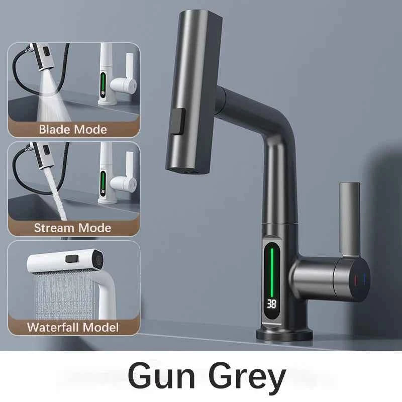 Gun Grey Intelligent Digital Display Waterfall Pull-Out Kitchen Faucet with Hot & Cold Mixer, Rotatable & Lifting Sink Faucet