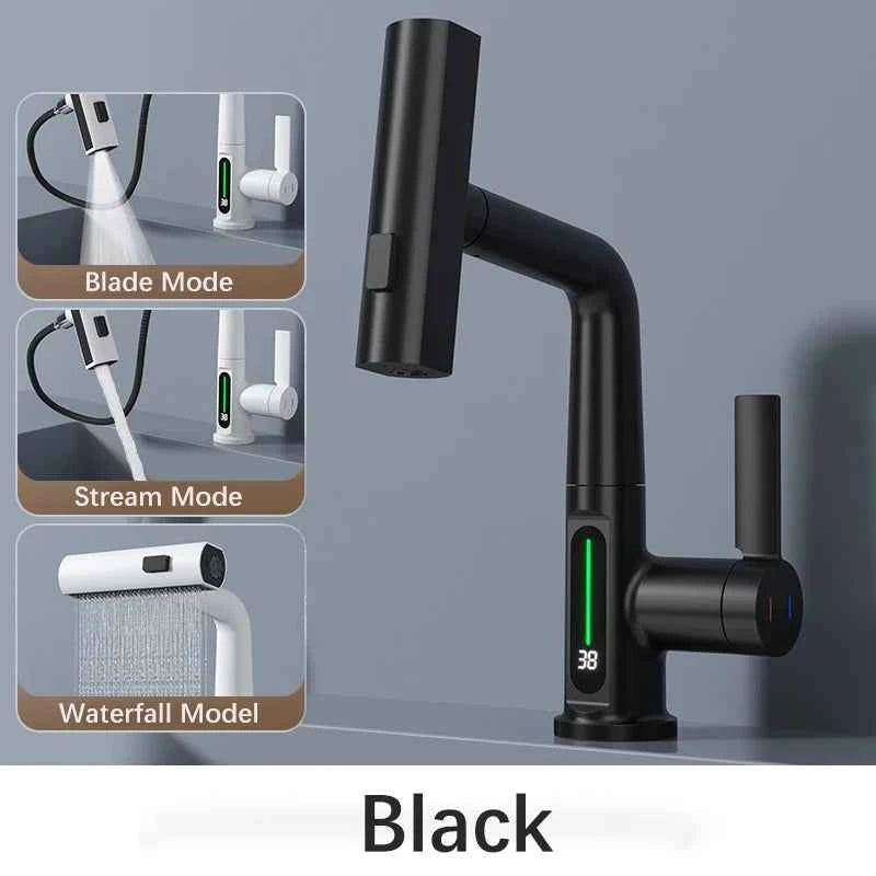 Gun Grey Intelligent Digital Display Waterfall Pull-Out Kitchen Faucet with Hot & Cold Mixer, Rotatable & Lifting Sink Faucet