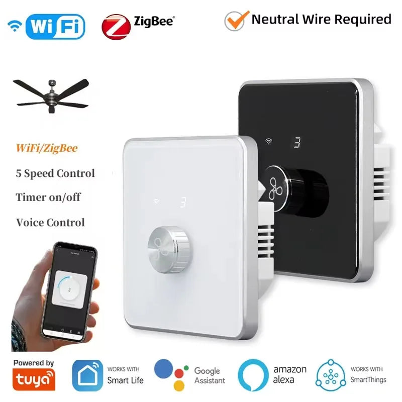 Tuya WiFi ZigBee Smart Fan Switch with 5-Speed Control & Remote for Alexa/Google - Novara®